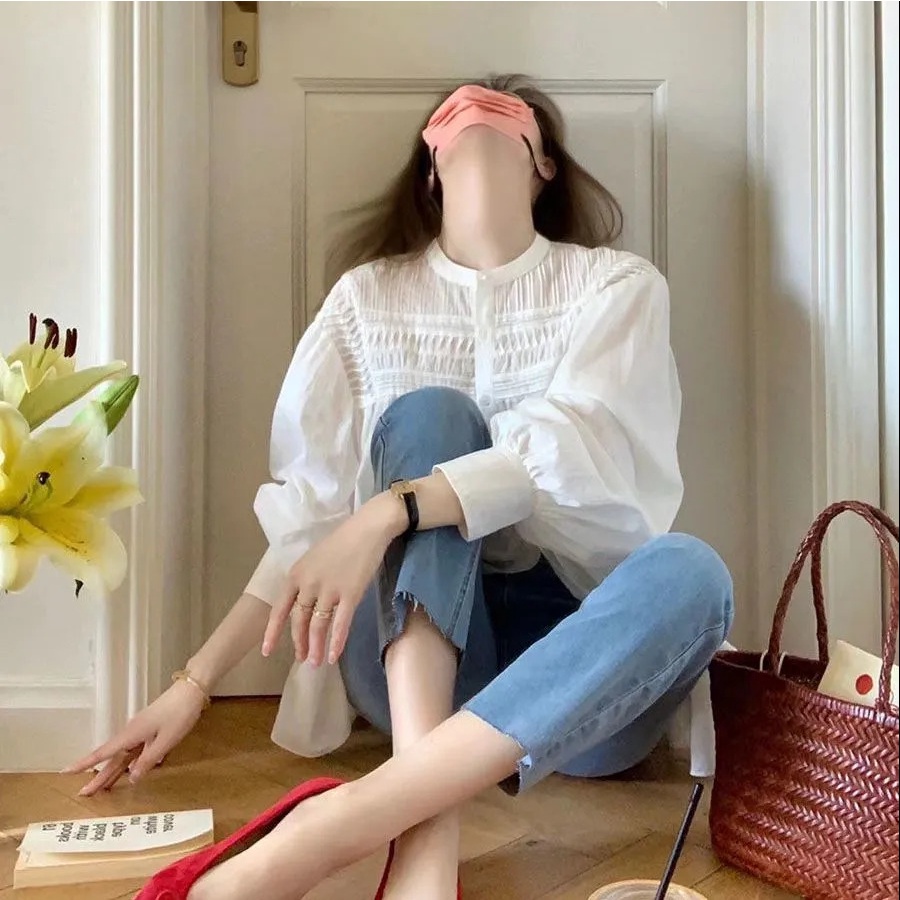 Áo Sơ Mi Cotton Lanh Tay Dài Màu Trắng Phong Cách Pháp Cổ Điển Thời Trang Mùa Hè Cho Nữ