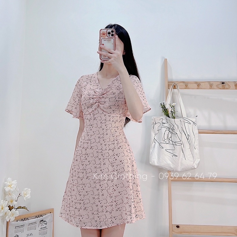 [Hàng sẵn] Đầm voan lụa tay tiên nhíu ngực nơ sau nhẹ nhàng dáng ngắn - hình thật