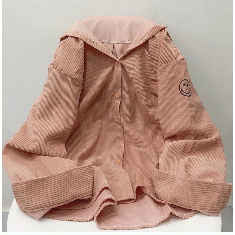 Áo khoác dáng sơmi gài nút thêu kaki nhung gân unisex ulzzang nam nữ