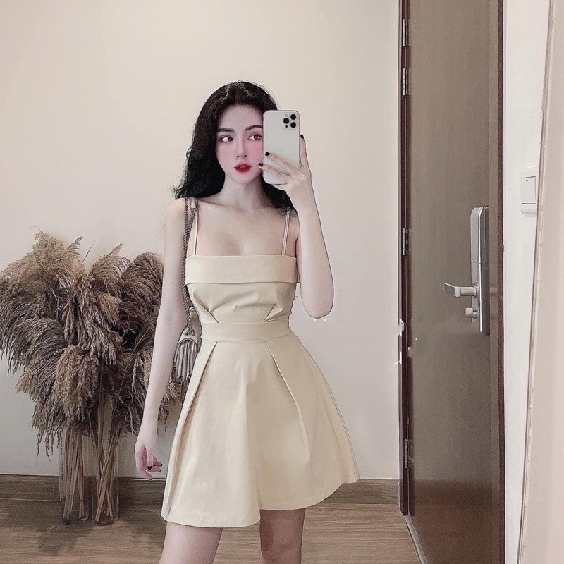 Đầm hai dây WASABI DRESS màu kem thiết kế xoè nhẹ tiểu thư có lót quần, Váy 2 dây nữ dự tiệc dáng ngắn rẻ đẹp | BigBuy360 - bigbuy360.vn