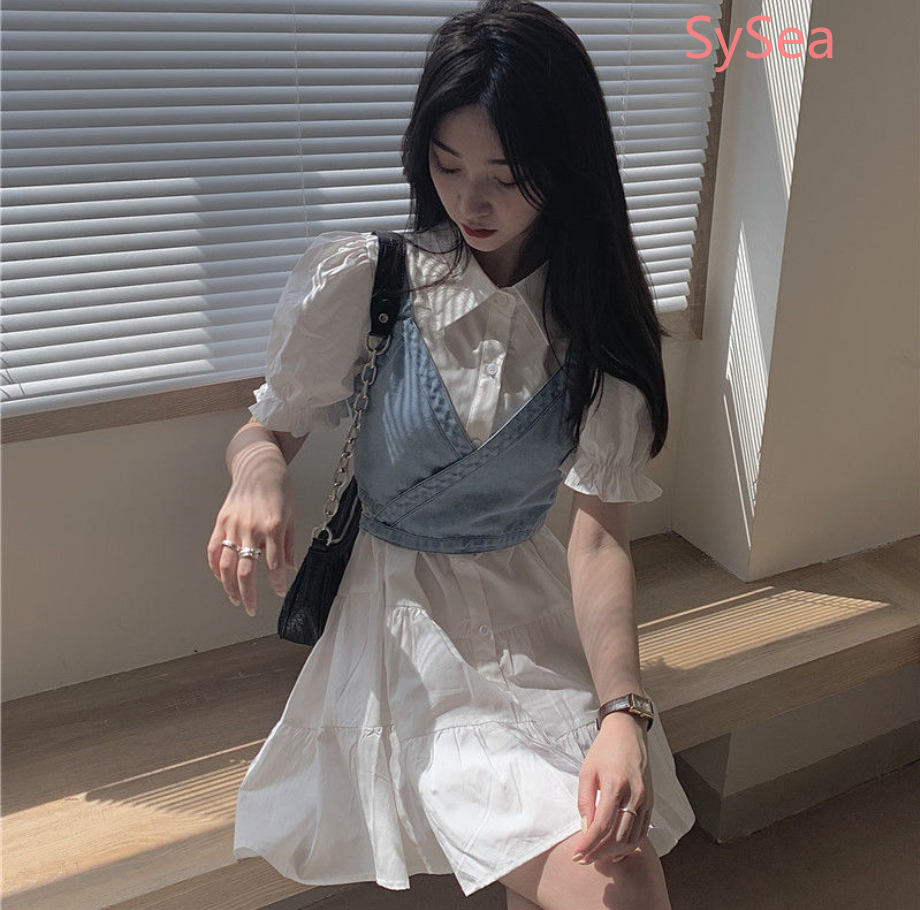 Đầm tay phồng/Áo hai dây vải denim kiểu retro xinh xắn cho bạn gái | BigBuy360 - bigbuy360.vn