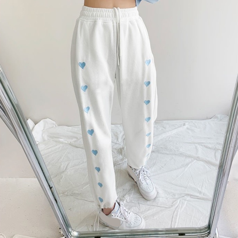 Quần Jogger Ống Rộng Lưng Cao Thêu Họa Tiết Trái Tim Xinh Xắn Cho Nữ