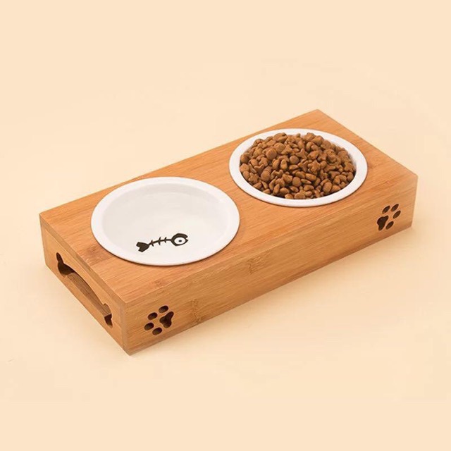 Chén (bát) ăn khung gỗ tháo rời bằng gốm cao cấp cho cún mèo🥣