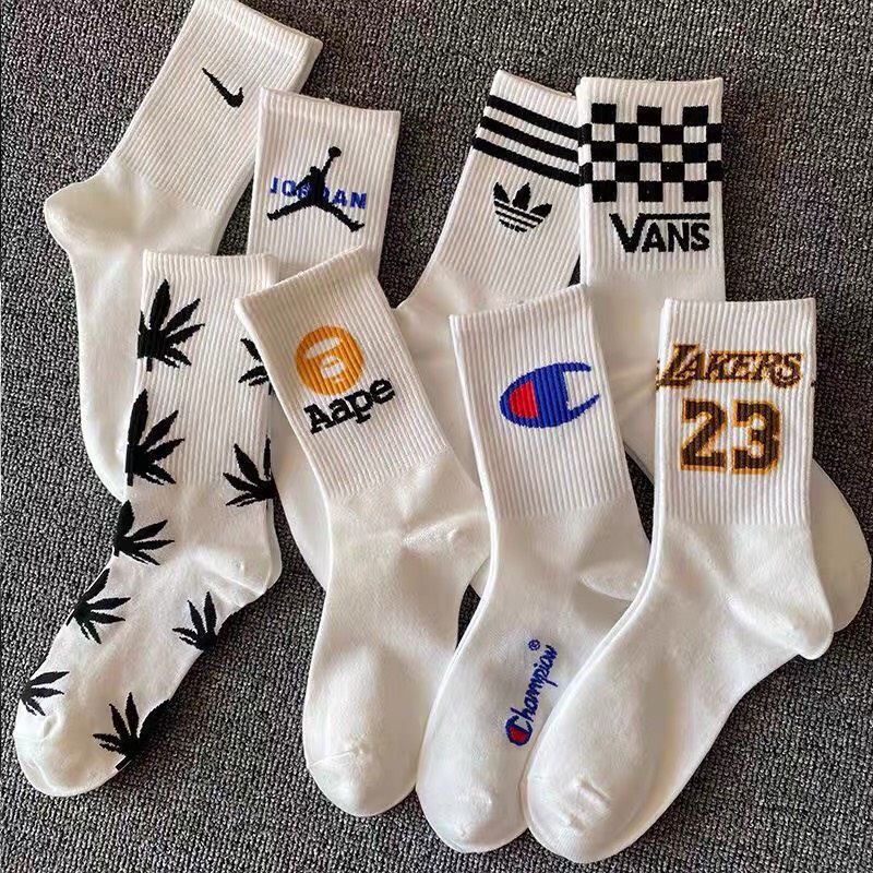 Combo 5 đôi tất vớ nam/nữ logo hể thao trắng và đen thiết kế thoáng Khí, tất vớ cao cổ chất