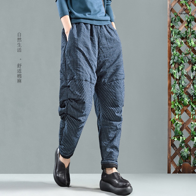 Quần Cotton Lanh Dày Ống Rộng Xếp Ly Phong Cách Retro Cho Nữ