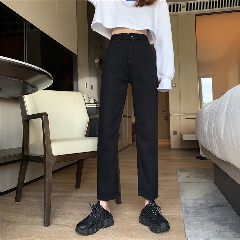 Quần dài jean CERA-Y bigsize baggy dài 95cm cạp cao qua rốn chất vải cotton màu đen trơn / màu đen rách 1 gối QJ001