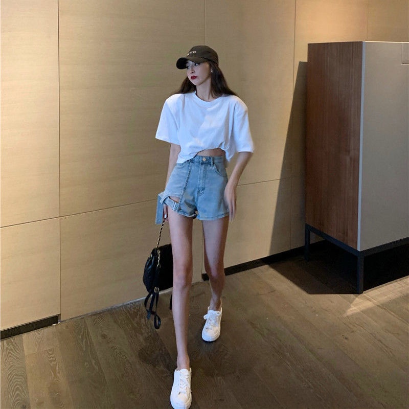 Jiashucheng Quần Short Denim Chữ a Lưng Cao Ống Rộng Rách Gối Phong Cách Mới Mùa Hè Cho Nữ