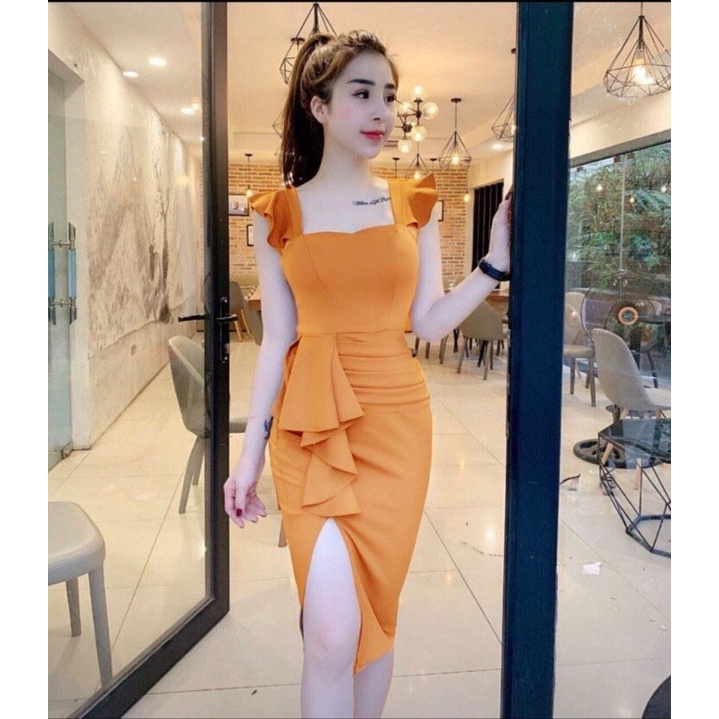 Đầm Body ⚡𝙎𝙄𝙀̂𝙐 𝙎𝘼𝙇𝙀⚡ Đầm Ôm Nữ Cánh Tiên Phối Bèo Xẻ Tà Dễ Thương - 65092