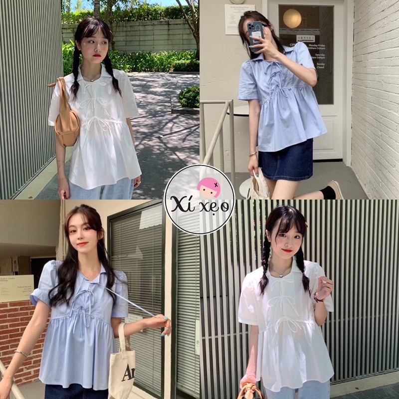 Áo sơ mi nữ trắng xanh dáng babydoll thắt nơ xinh xixeoshop - V43
