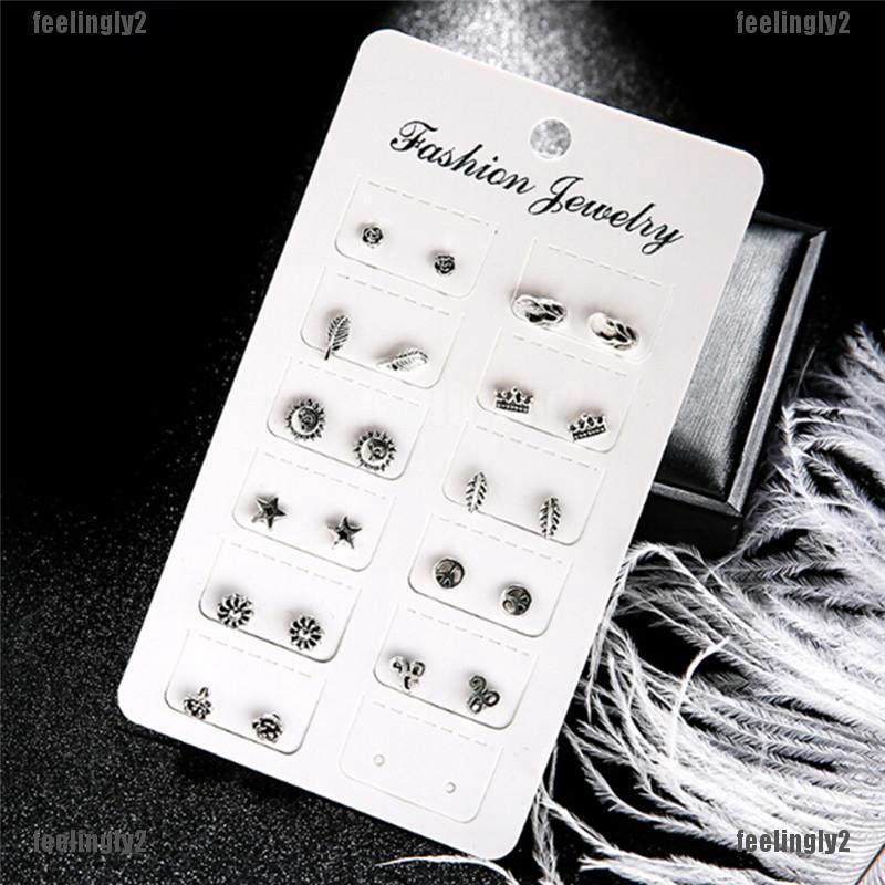 ❤Mặt Trời❤ Set 11 Đôi Bông Tai Đinh Tán Nhiều Hình Dạng Màu Bạc Cho Nữ