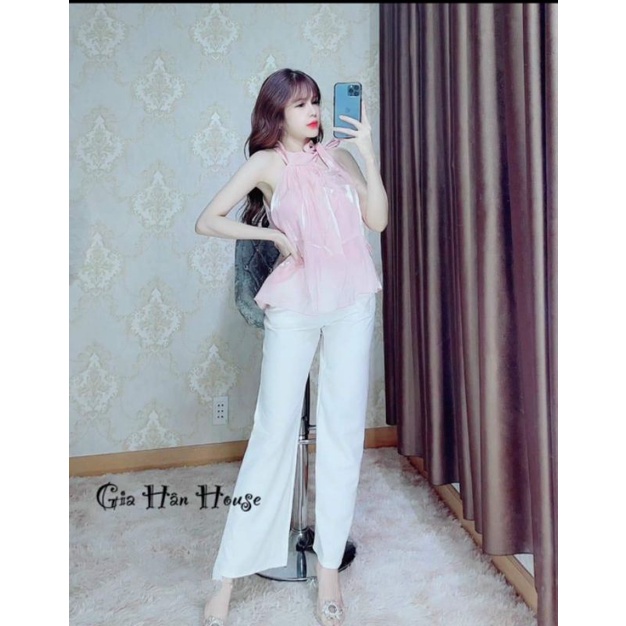 set đồ hot girl sang chảnh yếm nơ ,đường phố ,áo voan tơ óng ánh (hình thật chụp sàn)