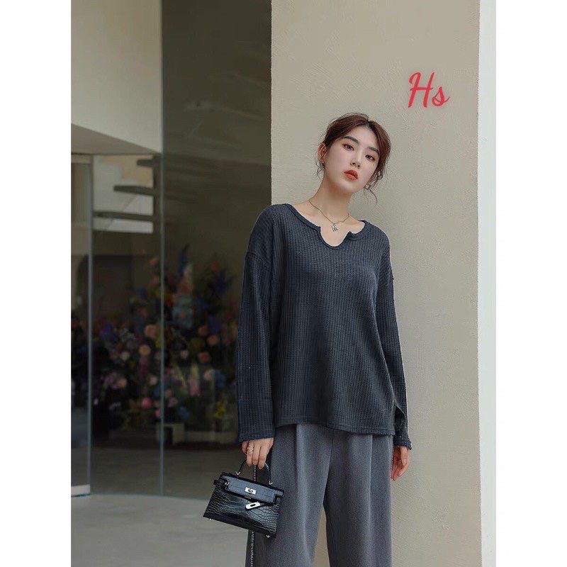 Áo thu đông len mỏng dài tay chất len tổ ong, áo thun cổ khoét cá tính mã A01