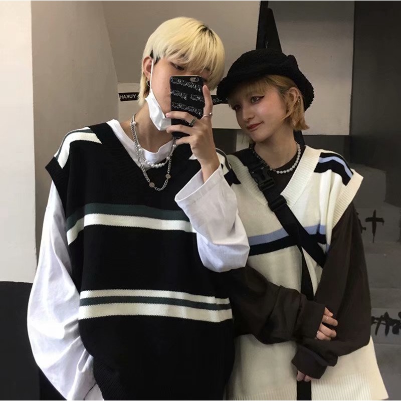 Áo Sweater dệt kim không tay cổ chữ V dáng rộng phong cách Retro Hàn Quốc thời trang cho nam và nữ