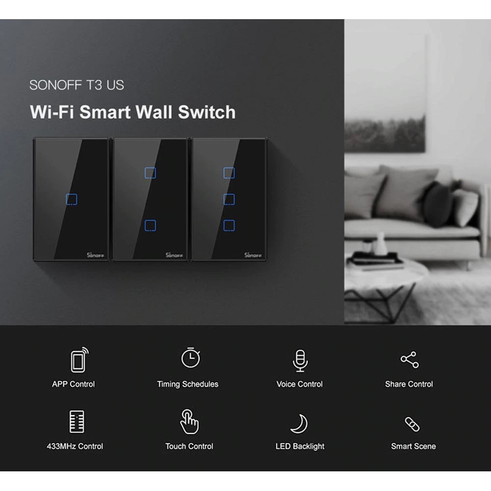 Công tắc điện thông minh wifi Sonoff T3 US 1,2,3 Nút - Chính Hãng Sonoff