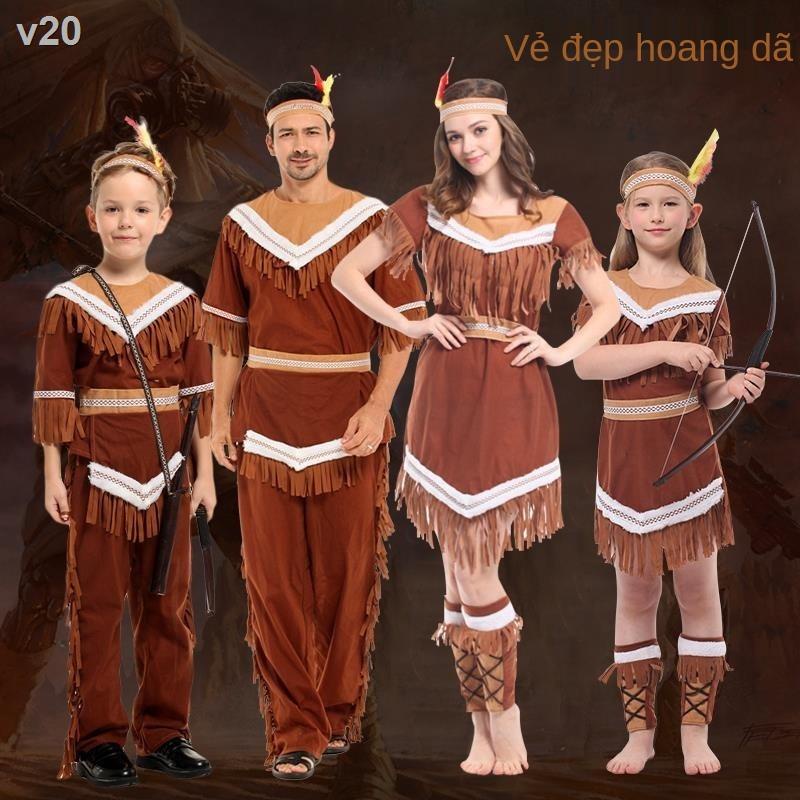 ✿Halloween trẻ em tù trưởng bộ lạc trang phục người lớn công chúa da đỏ man rợ quần áo bản địa nguyên thủy