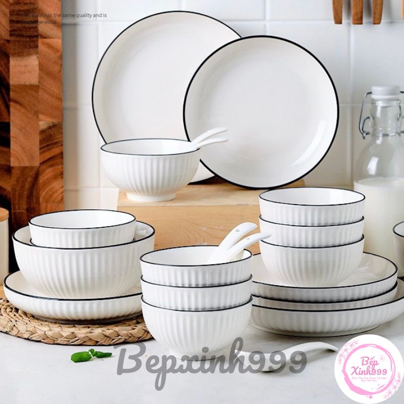 Bộ Bát Đĩa Sứ Trắng Viền Đen, Bát Ăn Cơm, Chén Dĩa Dễ Thương Decor Đẹp Cao Cấp Bepxinh999