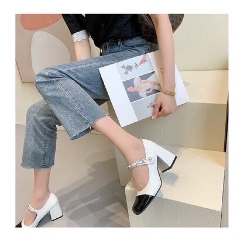 GIÀY CAO GÓT NỮ MI.U M.IU QUAI XÍCH PHỐI NGỌC GÓT VUÔNG 6 PHÂN