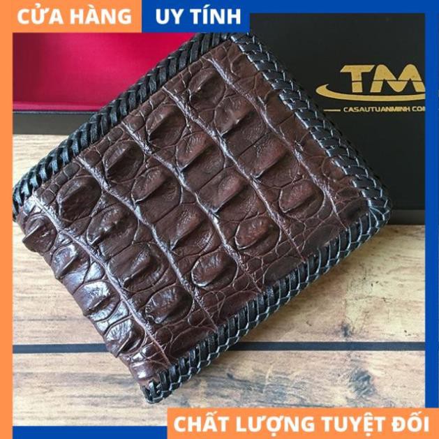 Ví Da Cá Sấu Gai Lưng - Bóp Da Cá Sấu Gai Lưng Đan Viền Thủ Công Cao Cấp [HÀNG XIN XUẤT KHẨU]