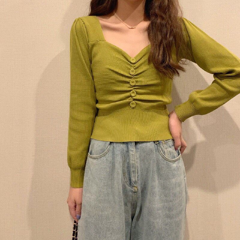 Áo Len Dài Tay Nhún Bèo Cúc Giữa Sang Chảnh Xịn Đẹp Dễ Mix Đồ | BigBuy360 - bigbuy360.vn