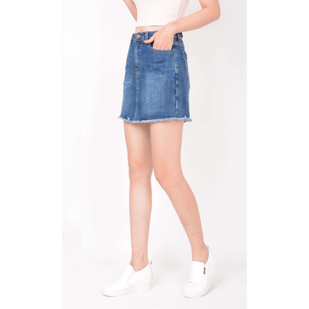 Chân váy jean nữ có quần bên trong đẹp lưng cao cạp cao xước nhẹ gấu tua rua hàng hiệu cao cấp mã 462 VANIZEN