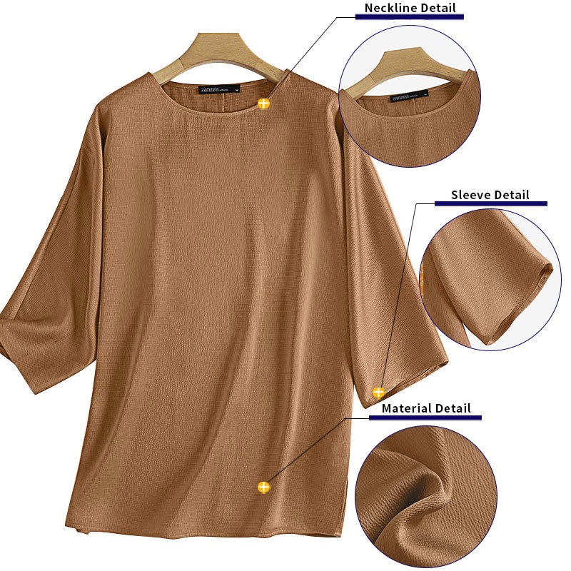 Áo kiểu ZANZEA tay 3/ 4 cổ tròn màu trơn tùy chọn thời trang dành cho nữ