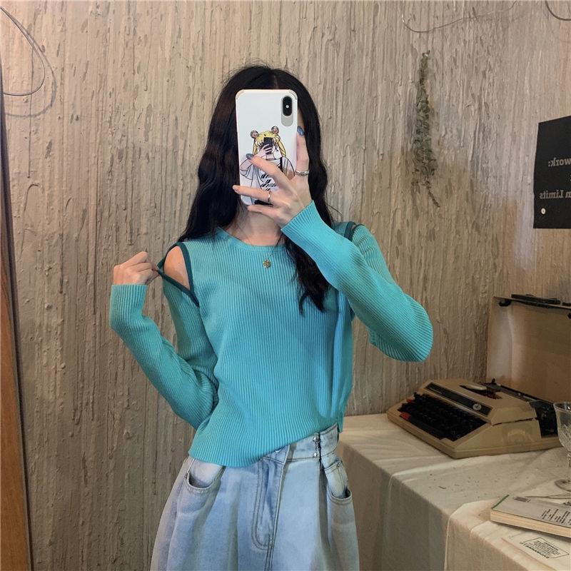 Áo sweater nữ Perty hở vai phối màu thời trang mới Hàn Quốc