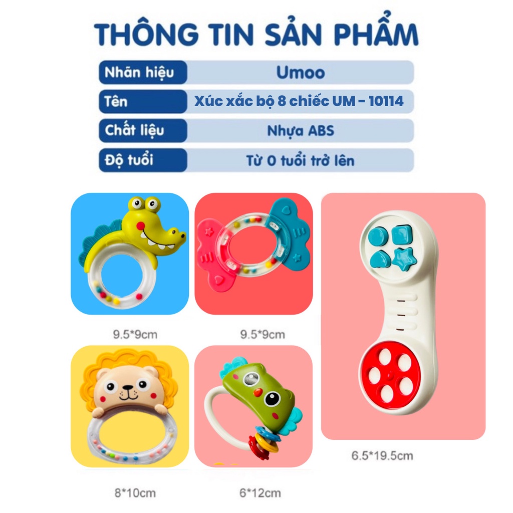 Xúc Xắc Cho Bé Hình Thú 8 Món Umoo UM10114, Đồ Chơi Gặm Nướu An Toàn Cho Trẻ, Có Nhiều Hình Ngộ Ngĩnh