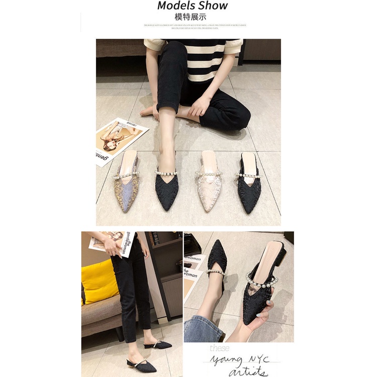 Dép Muller Gót Dày Mũi Nhọn Đính Ngọc Trai Thời Trang Mùa Hè Mới 2022 Cho Nữ