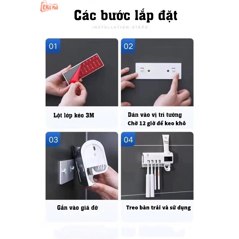 Kệ để bàn chải đánh răng diệt khuẩn bằng tia UV Giá treo bàn chải nhả kem đánh răng đa năng tự động có cốc tùy chọn