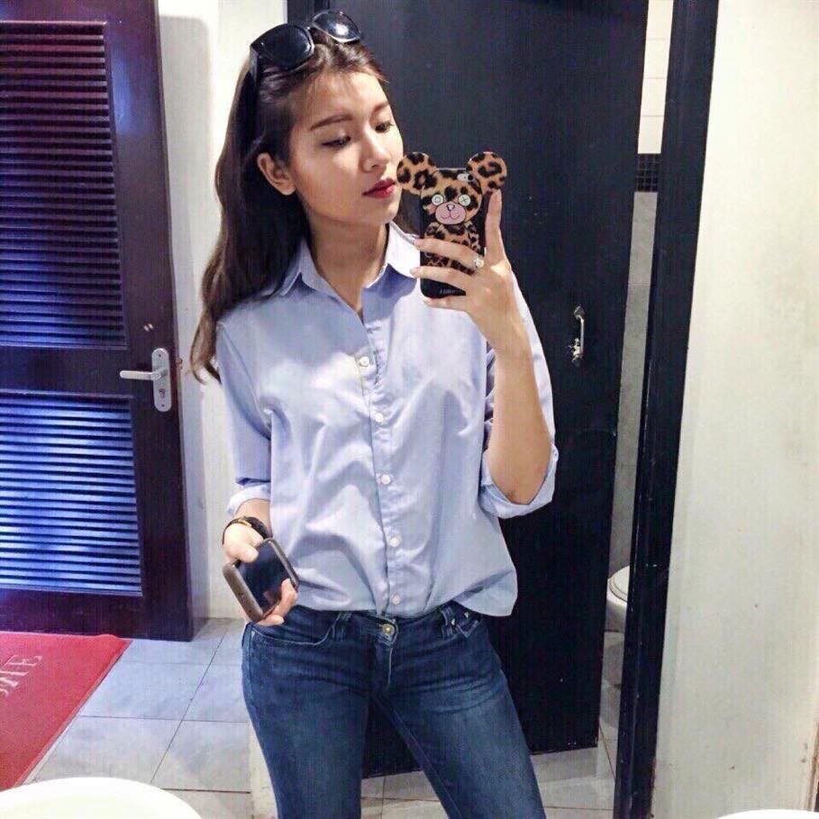 Áosơ mi nữ công sở dáng suông màu xanh nhạt