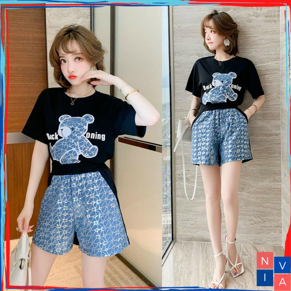 Set nữ đi chơi sang chảnh NA012 đồ bộ nữ đùi thun cotton bigsize mùa hè vải co giản ngắn tay thêu gấu dễ thương NIVA