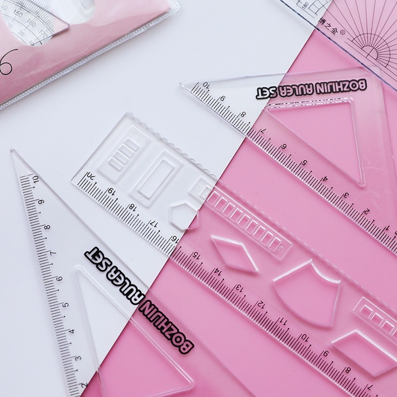 Bộ 4 món thước kẻ, eke, đo góc học sinh siêu cute kèm túi đựng dễ thương