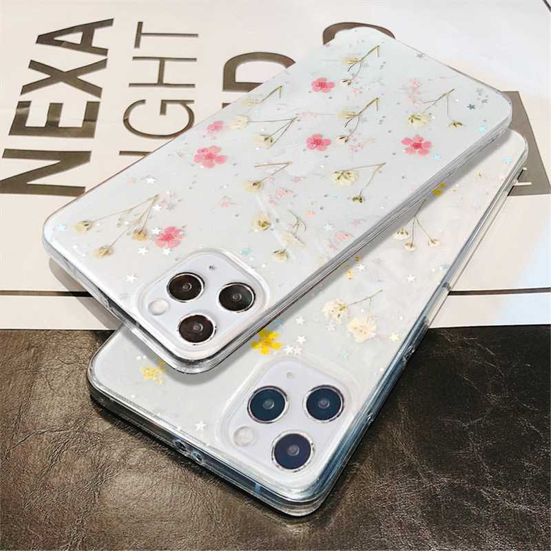 Ốp Điện Thoại Silicon Epoxy Mềm Trong Suốt Phối Hoa Khô Dành Cho iPhone 14 13 12 11 Pro Max X XR XS 7 8 Plus SE 2020 6 12