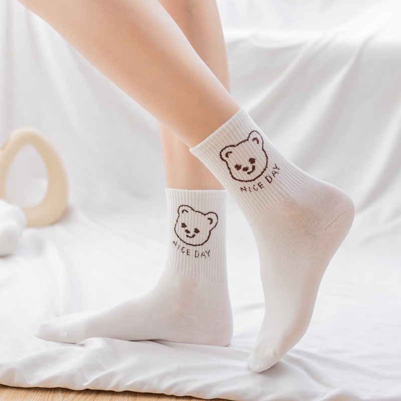 Set 5 Đôi Tất Gấu Trắng Cổ Cao,Vớ Nữ Họa Tiết Gấu Màu Trắng Phong Cách Hàn Siêu Cute