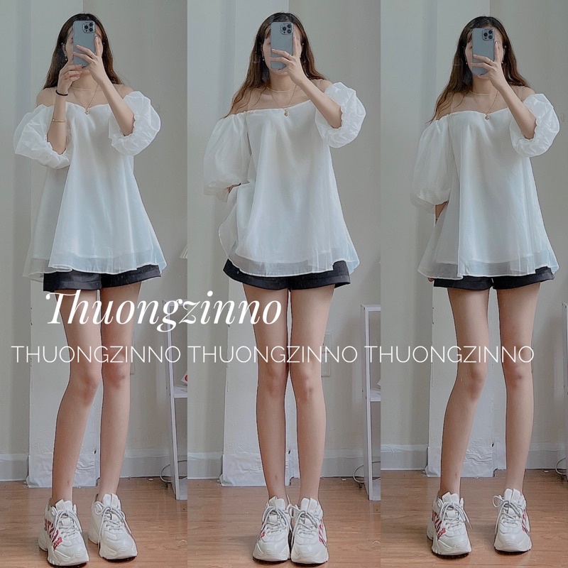 [Ảnh thật/Video]Áo babydoll trễ vai tiểu thư màu trắng xoè đính hạt  ngọc Áo trễ vai Hàn Quốc