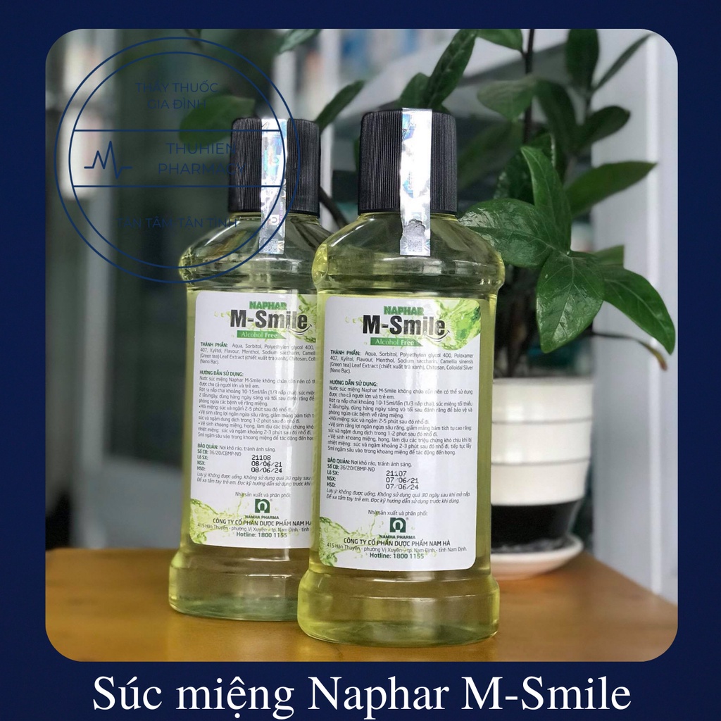Nước súc miệng Nam Hà Nano Bạc NAPHAR M-SMILE sạch khuẩn, ngăn ngừa hôi miệng, nhiệt miệng (Chai 500ml)