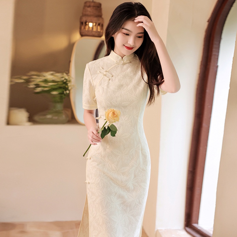 Đầm Sườn Xám Tay Ngắn Phối Ren Phong Cách Trung Hoa Quyến Rũ Size S-2XL