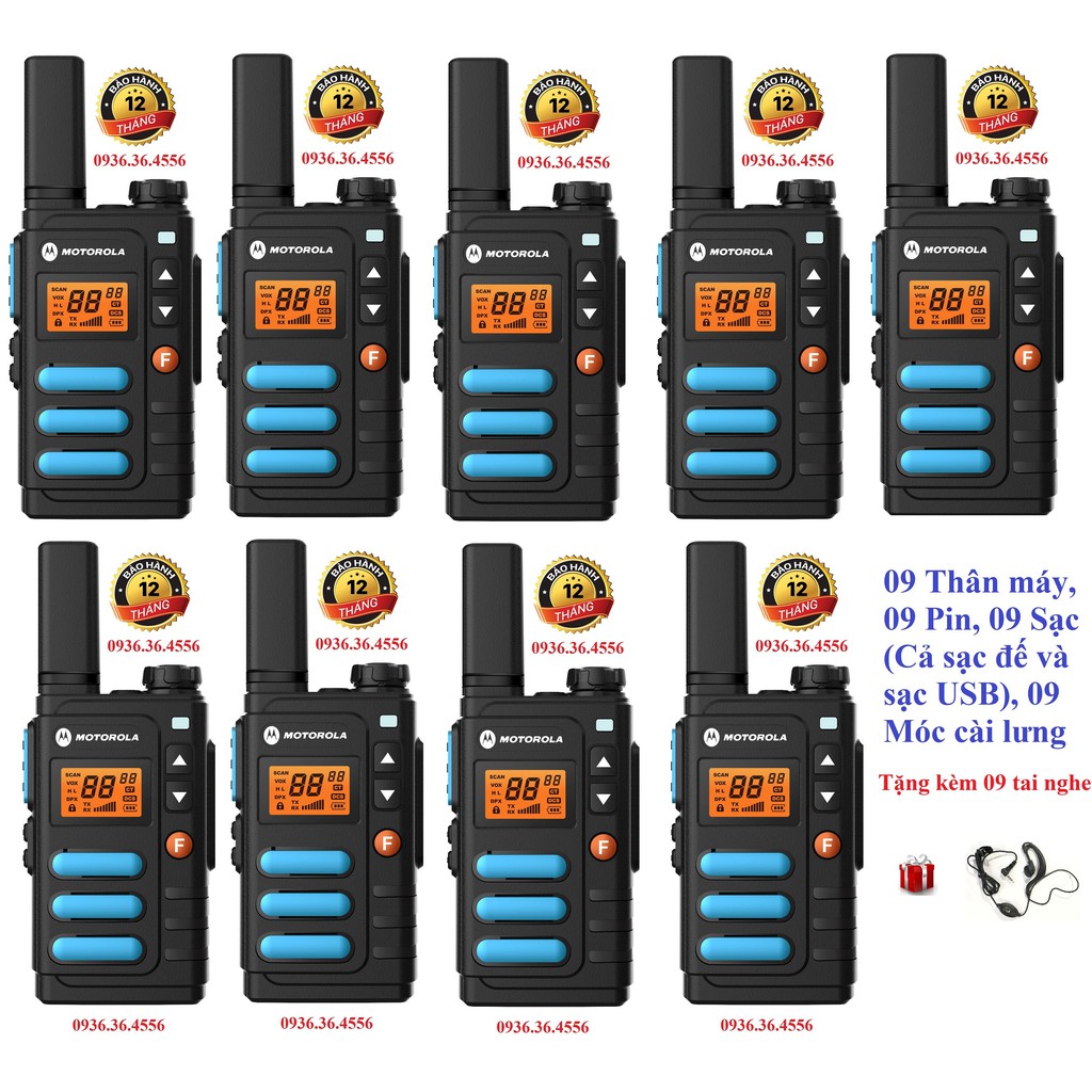 Bộ 9 Bộ đàm Motorola GP8860(Siêu đẹp, bền bỉ, nhỏ gọn chắc chắn,dung lượng pin lớn&gt;18 tiếng)-Cả sạc đế và USB đi kèm