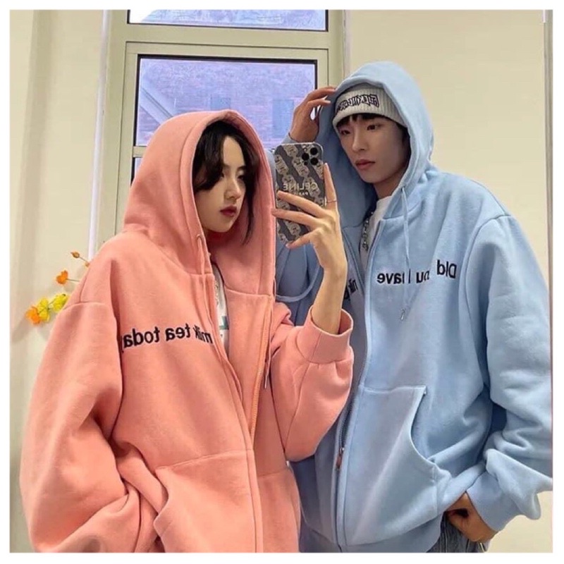 Áo Hoodie Kéo Khóa Rút Dây Màu Basic Dáng Rộng