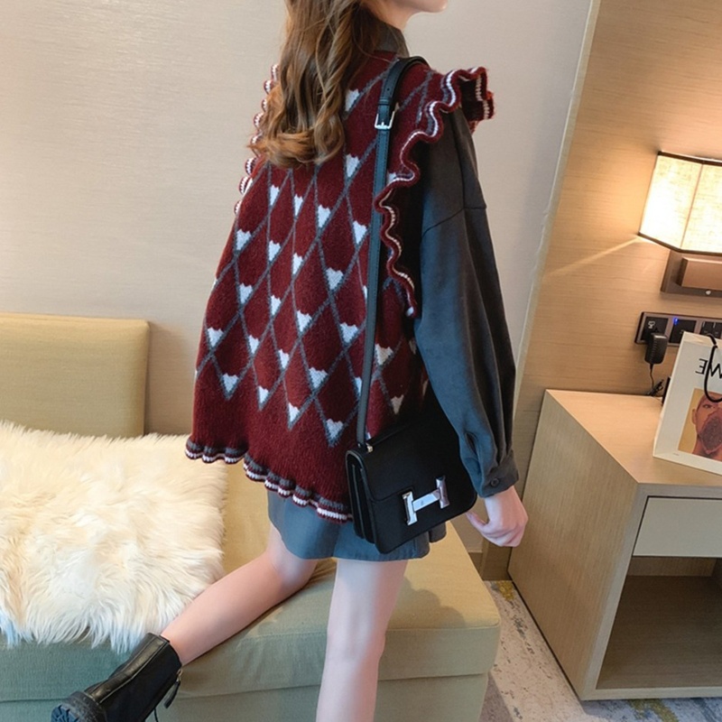 Áo Sweater Dệt Kim Sát Nách Dáng Rộng Họa Tiết Kẻ Sọc Phối Bèo Dễ Thương Cho Nữ