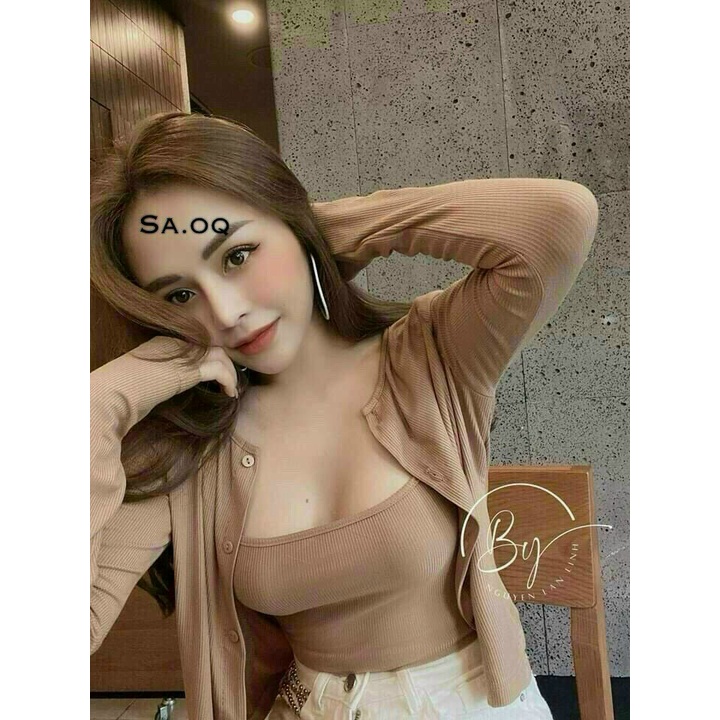 [Miễn phí ship 2022 ] Set áo 2 dây kèm áo khoác cadigan thun gân