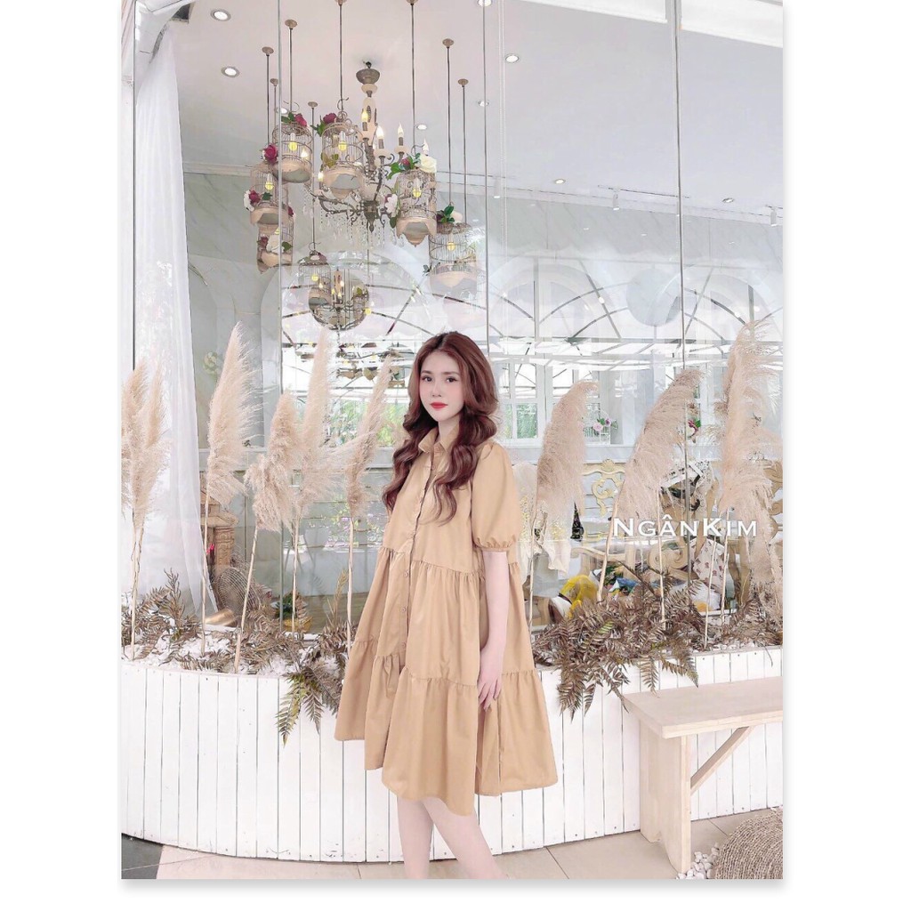 Đầm babydoll cổ áo sơ mi cài nút, dáng váy xòe, thích hợp mặc ở nhà, đi chơi, đầm bầu, hai màu trắng, be