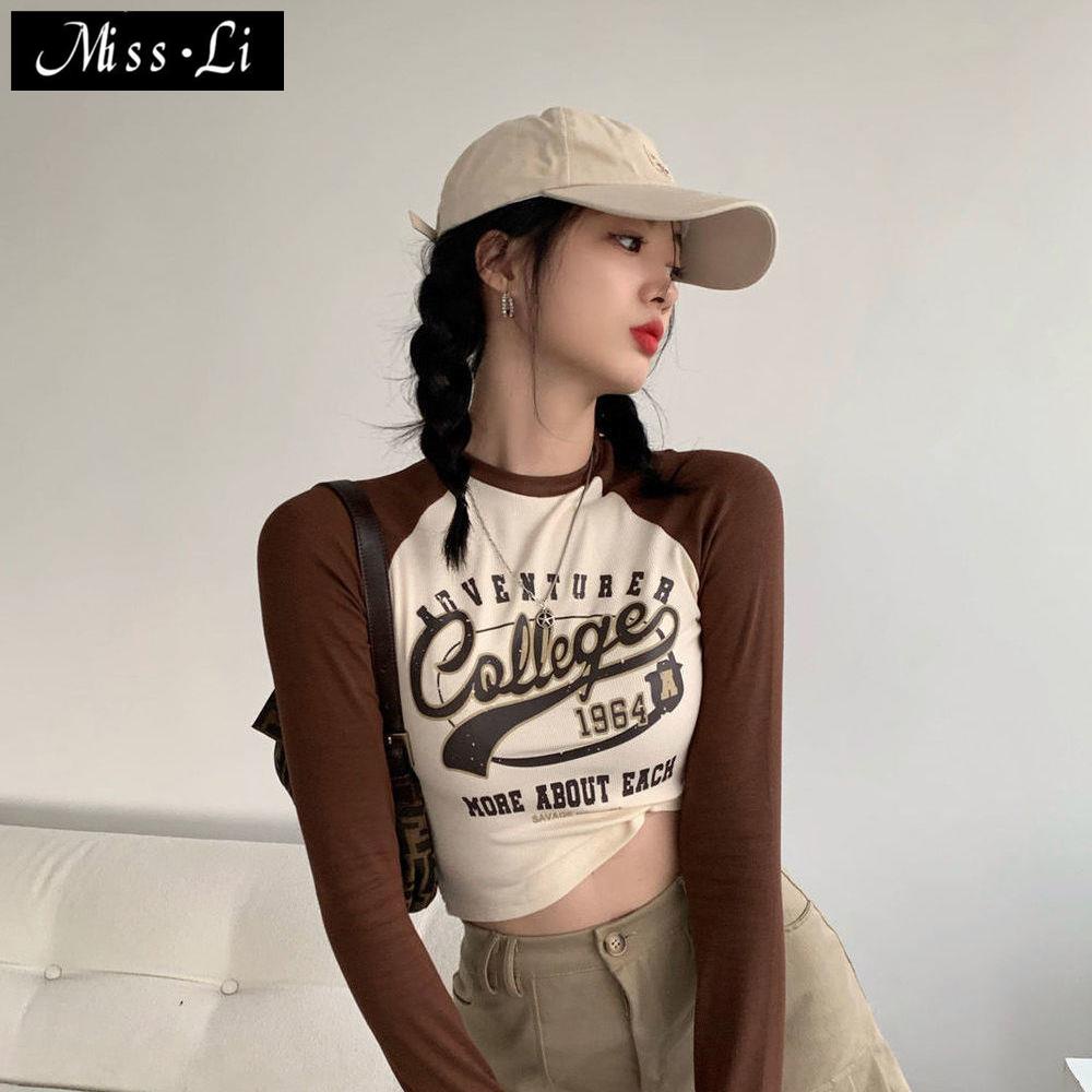 Áo Thun Dài Tay Ôm Dáng In Chữ Phong Cách Retro Mỹ Cho Nữ