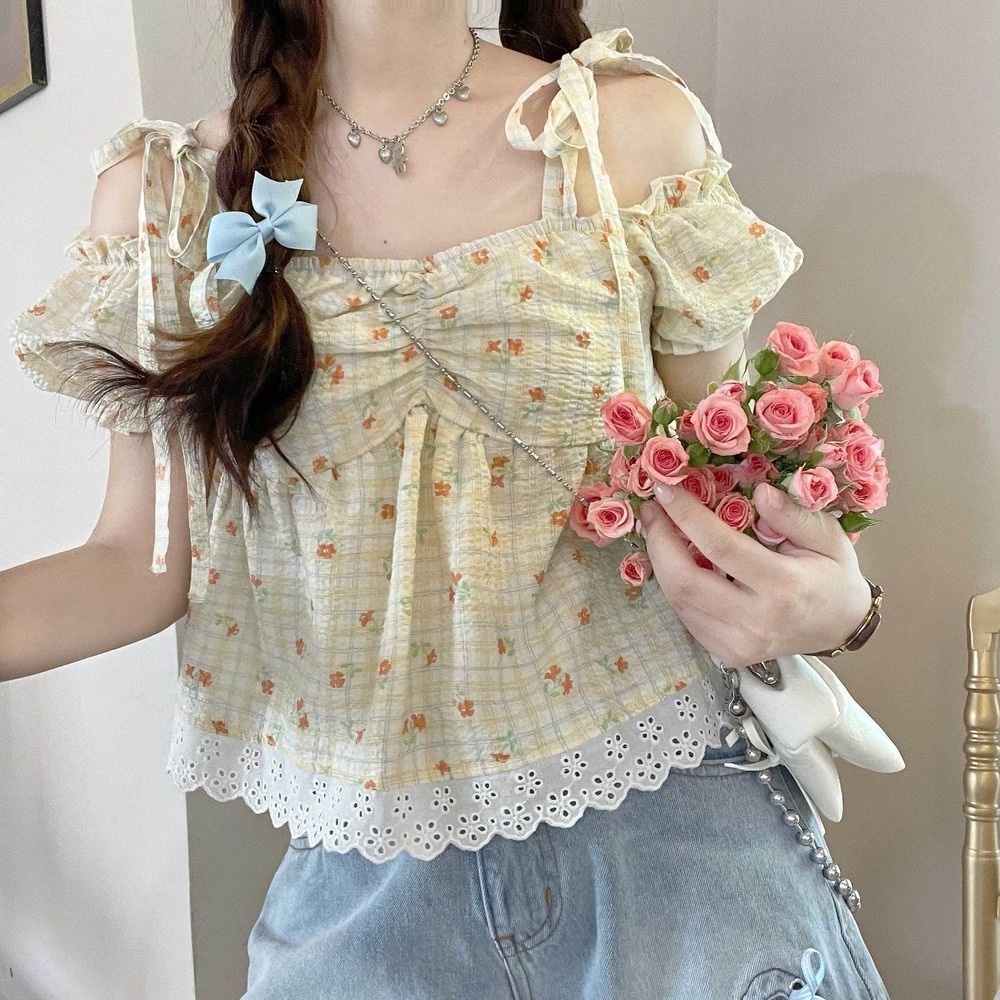 áo trễ vai tay bồng sát nách phối ren hoa dễ phối đồ