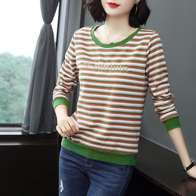 Áo Thun Nữ Dài Tay Cổ Tròn Sọc Ngang Thời Trang Hàn