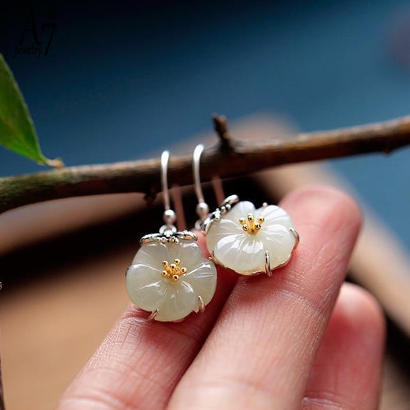 Bông Tai Bạc A7 S925 Hình Ong Đính Đá Ngọc Bích Màu Sắc Vintage Cho Nữ