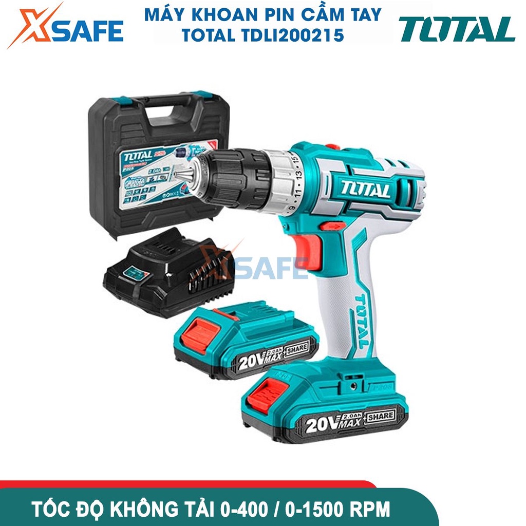 Máy khoan pin cầm tay 20V 10mm Total TDLI200215 hai tốc độ 400-1500rpm, lực mô men 45nm nhông cơ khí 2 tốc độ [Xsafe]