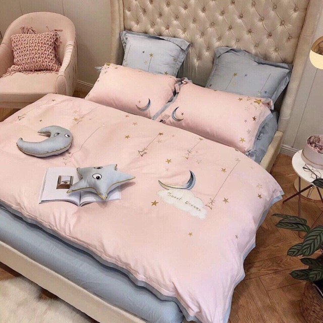 Bộ chăn ga cưới lụa sao hồng 7 món