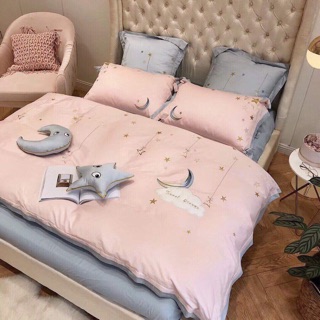 Bộ chăn ga cưới lụa sao hồng 7 món