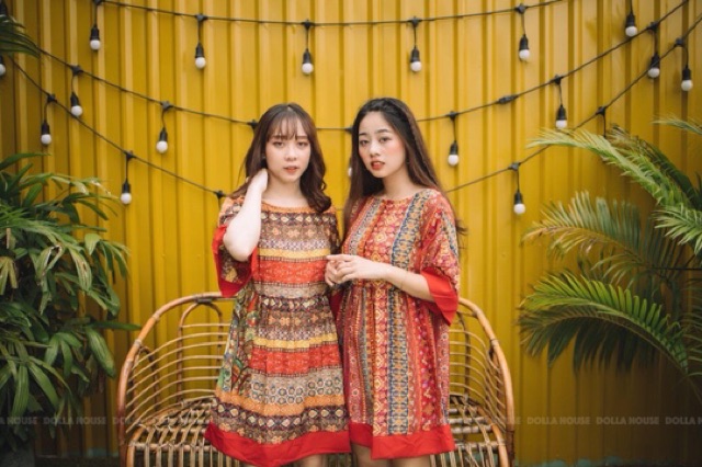 Đầm váy thổ cẩm babydoll boho hoạ tiết